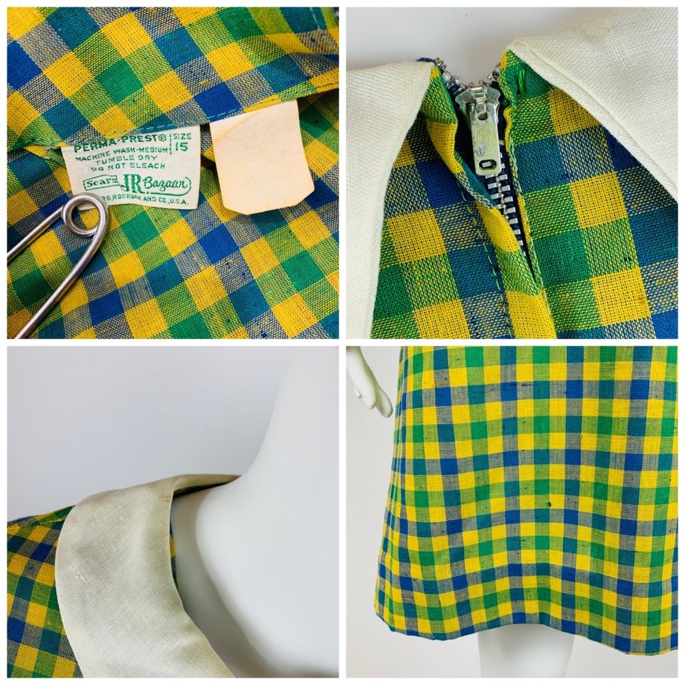 Vintage 1960s Checkered Dress Blue Green Schoolgirl Peter Pan Collar Sears - Picture 10 of 11